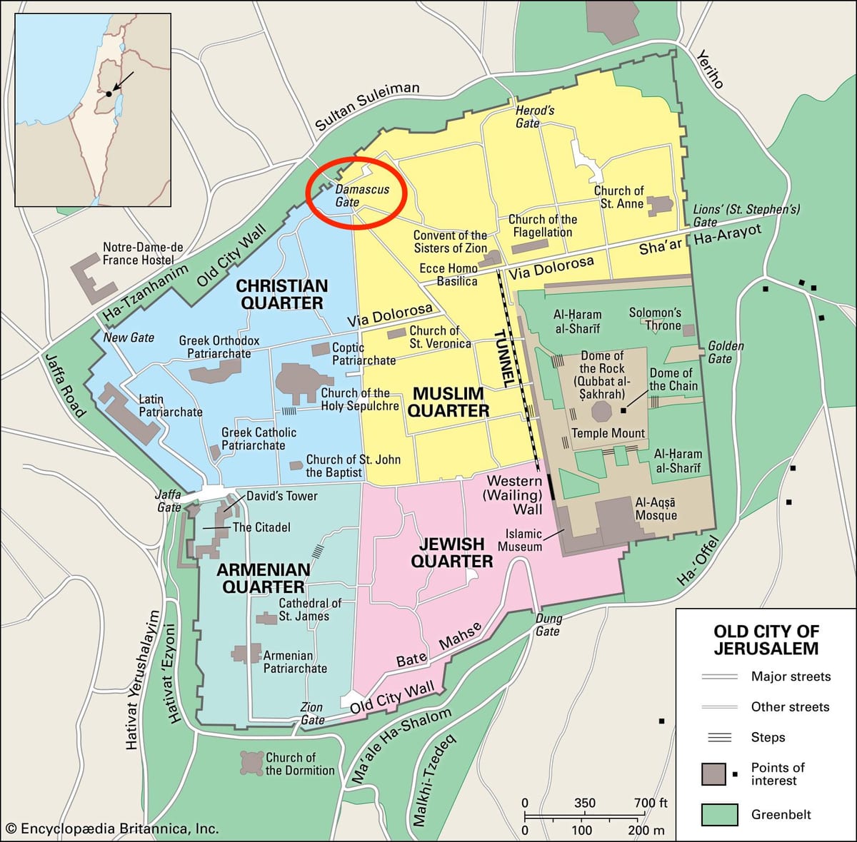 carte de la porte de damas à Jérusalem