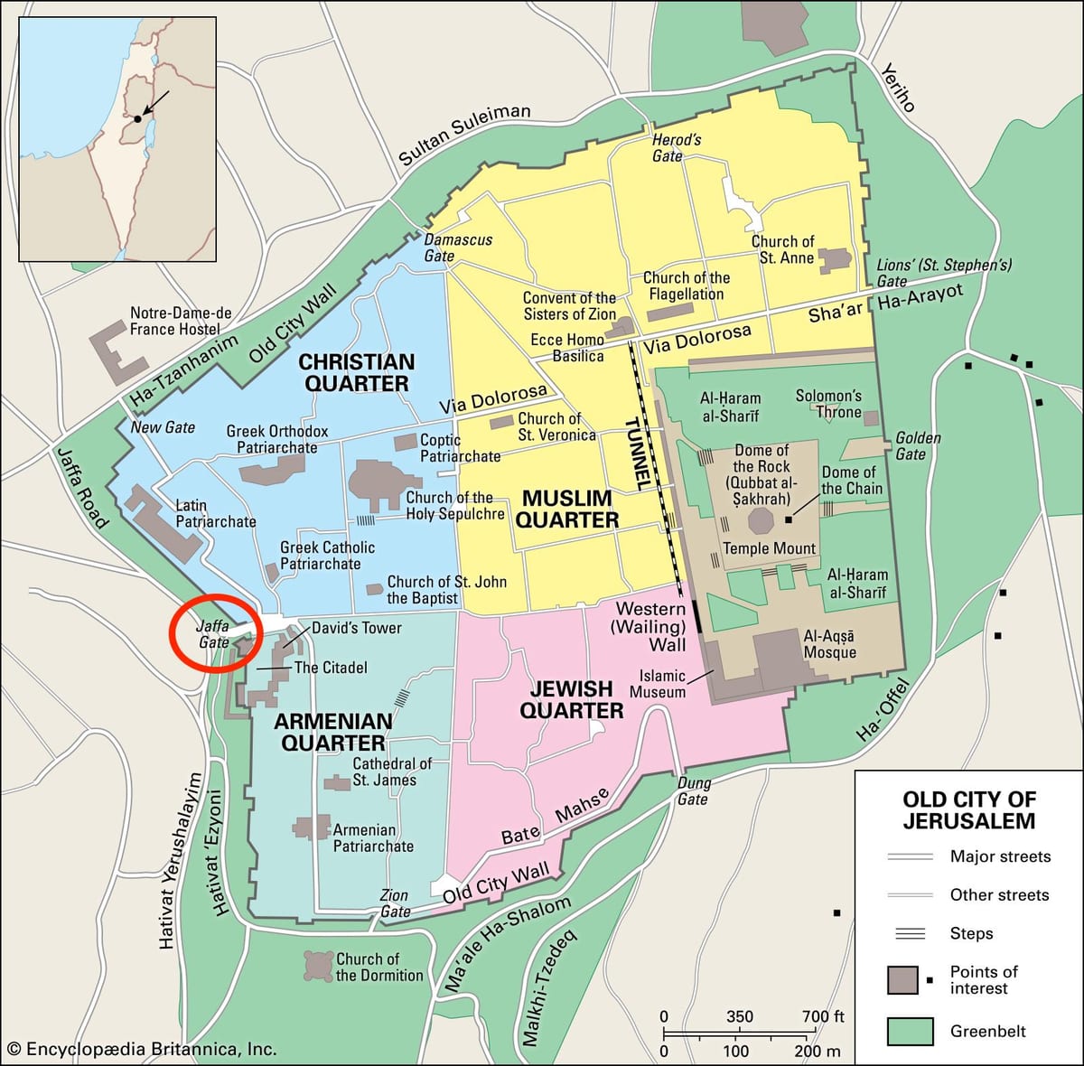carte de la porte de Jaffa à Jérusalem