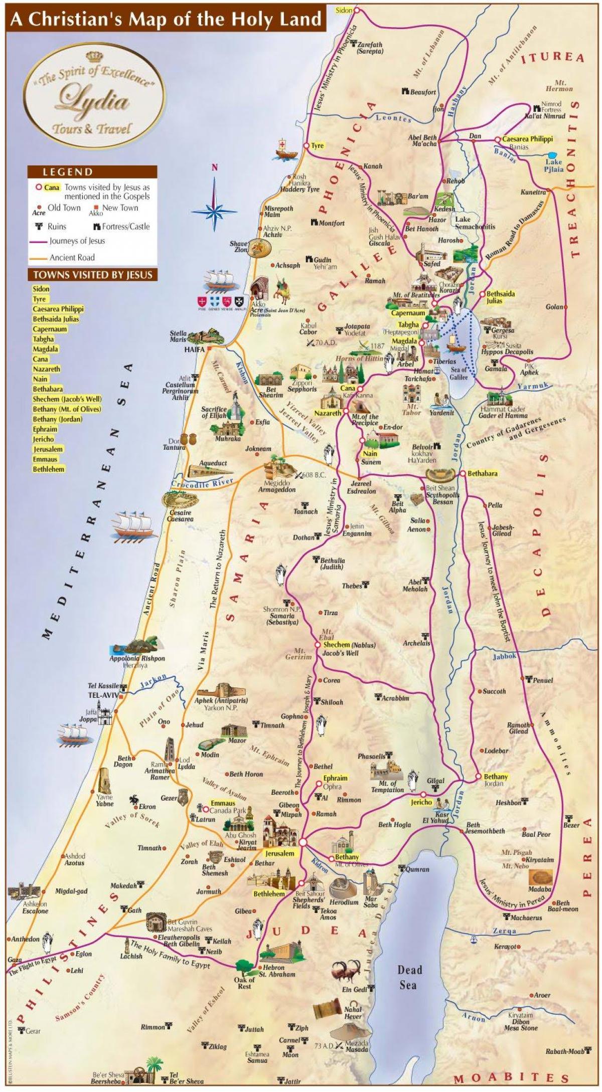 La carte de la terre Sainte de Jérusalem Saintcarte des sites (Israël)